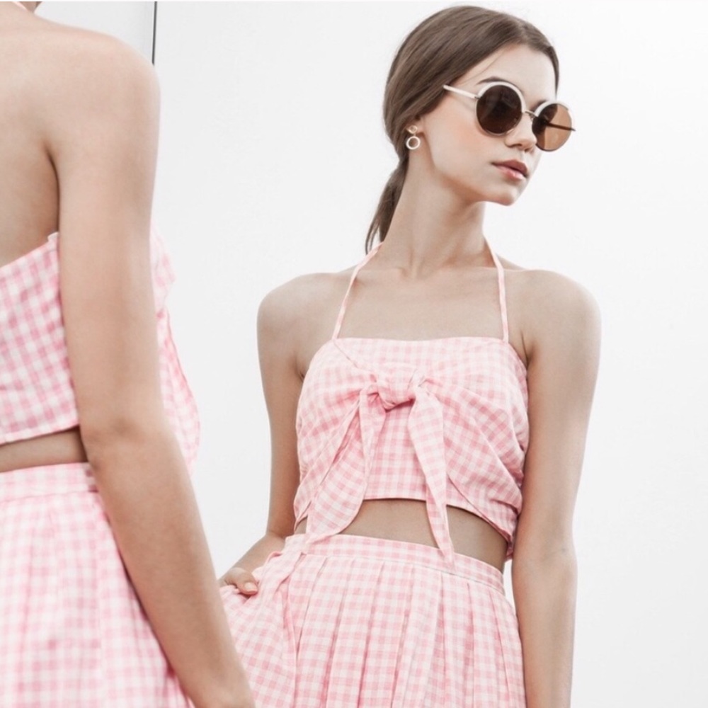 Anthropologie J.O.A. Pink Gingham Bow Crop Top